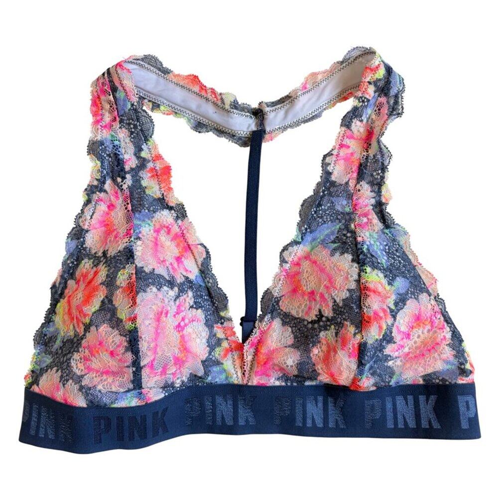 Pink by Victoria's Secret Lace Bralette (Blue & Pink Floral) - Size Large